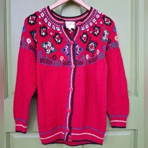 Susan Bristol Red and Blue Cardigan Sweater with Floral Yoke